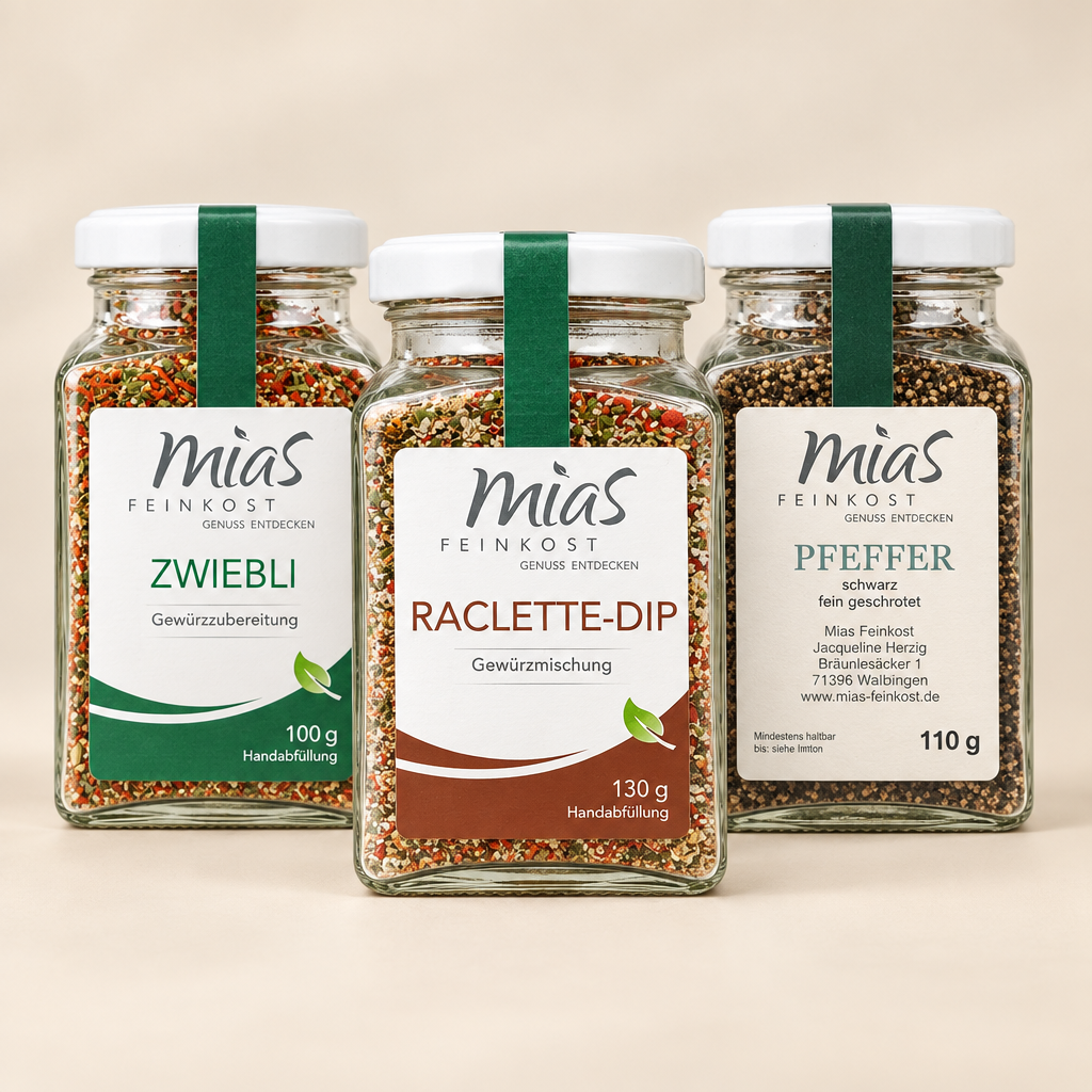 Bundle-Produktfoto mit Zwiebli, Raclette-Dip und schwarzem Pfeffer