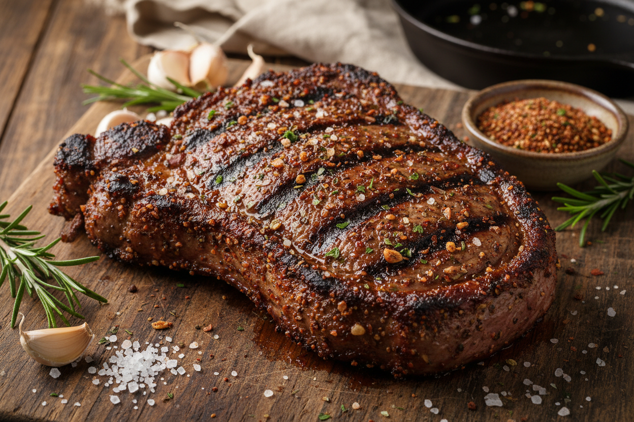 gegrilltest fleisch mit marinade aus trockengewürzen wie Knoblauch, Meersalz, Zwiebeln, Petersilie