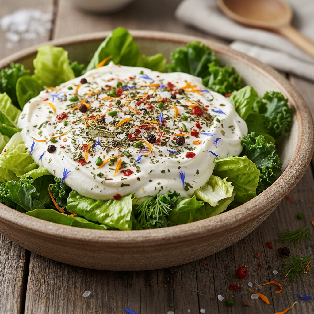 salat mit dressing aus getrockneten gewürzen: Meersalz, Zwiebeln, Paprika, Liebstöckelblätter, Pfeffer, Tomaten, Knoblauch, Petersilie, Schnittlauch, Schabzigerklee, Dillspitzen, Ringelblumen, Kornblumen