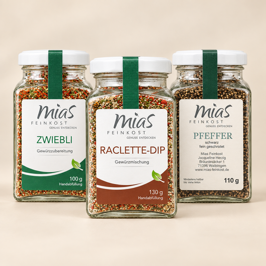 Bundle-Produktfoto mit Zwiebli, Raclette-Dip und schwarzem Pfeffer