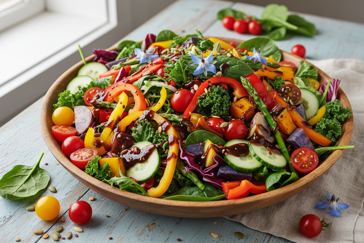 bunter gemüsesalat mit dunklem feige chilli essig ohne text