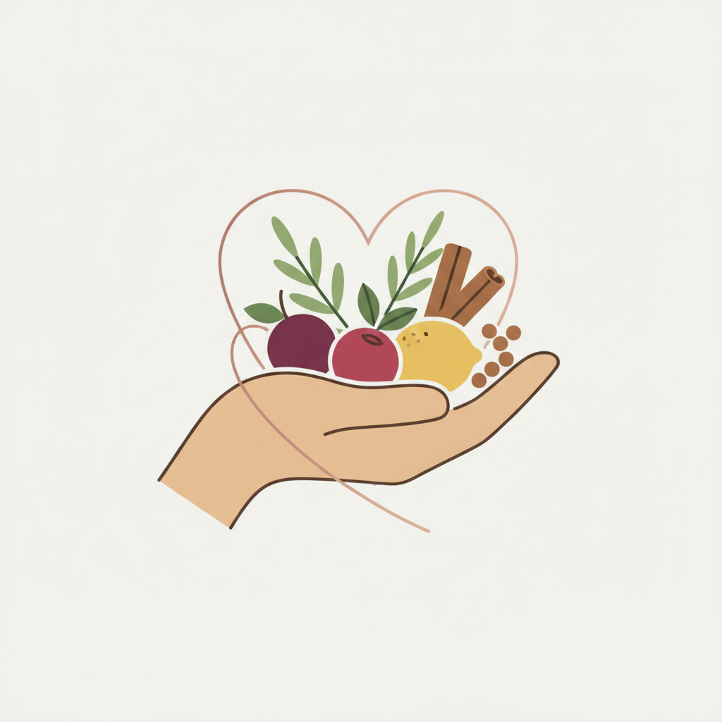 Erstelle ein Illustrationssymbol, das „Mit Liebe gemacht“ darstellt.
Zeige eine Hand, die lebendige, natürliche Produkte hält (z. B. Früchte, Kräuter oder Gewürze), mit einem subtilen Herzmotiv integriert, das Liebe / Sorgfalt symbolisiert.
Stil: modern, minimalistisch, warm und einladend, passend zu Feinkost-Produkten.
Farben: natürliche Töne (Grün, Braun, Beige) mit einem dezenten Akzent für das Herz.
Nur Symbol, kein Text, kein Logo.
Klar und einfach, gut erkennbar als Icon, für Banner oder Website geeig