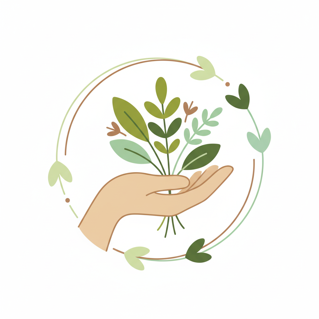 Erstelle ein Illustrationssymbol, das „Nachhaltig“ darstellt.
Zeige eine Hand, die Kräuter hält, kombiniert mit subtilen Kreislauf- oder Blattelementen, die Umweltbewusstsein und Nachhaltigkeit symbolisieren.
Stil: modern, minimalistisch, warm und einladend, passend zu Feinkost-Produkten.
Farben: natürliche Töne (Grün, Braun, Beige), harmonisch und klar.
Nur Symbol, kein Text, kein Logo.
Einfach, gut erkennbar, geeignet als Icon für Banner oder Website.
