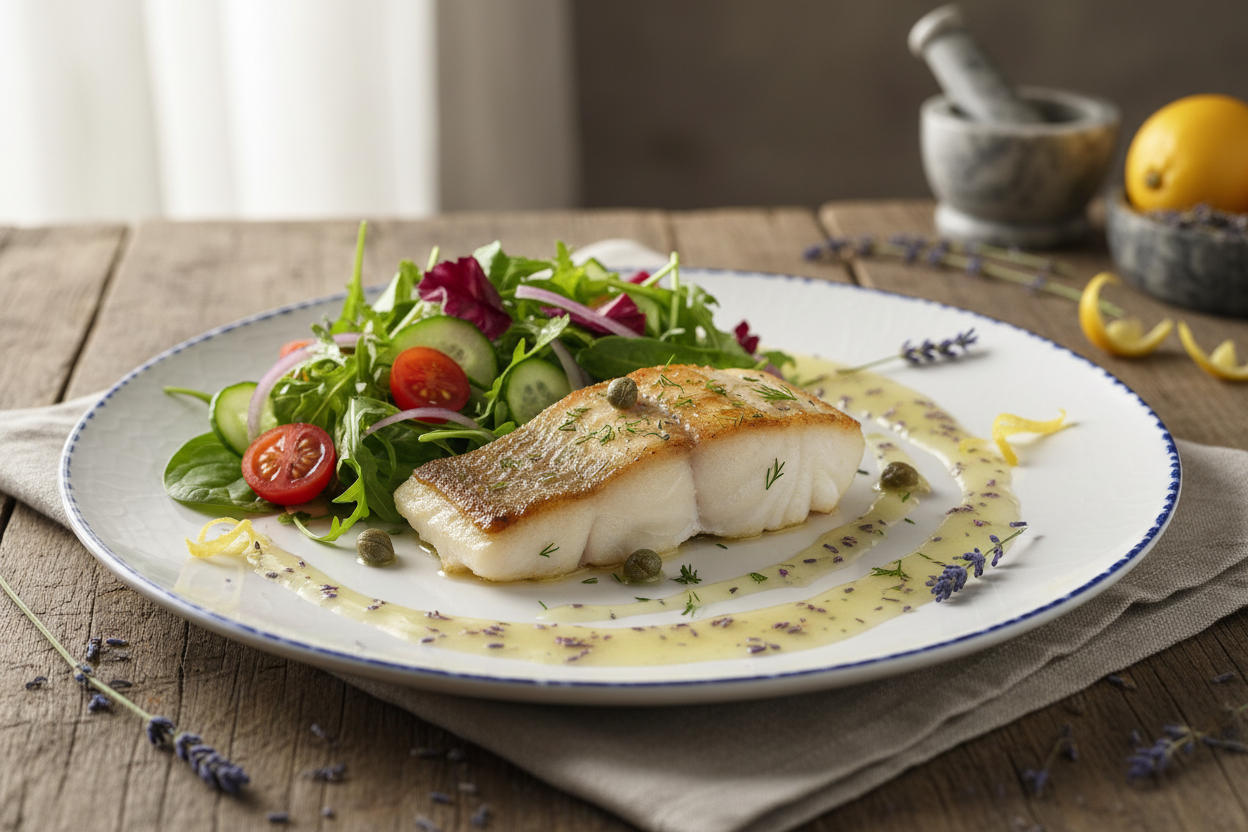 fisch mit salat und hellgelbem zitrone lavendel essig