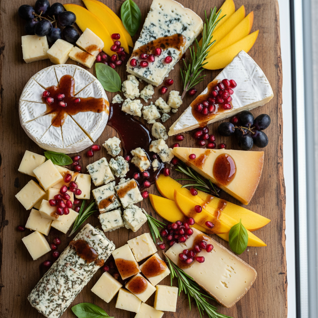 käseplatte betreufelt mit dunklem mango granatapfel essig