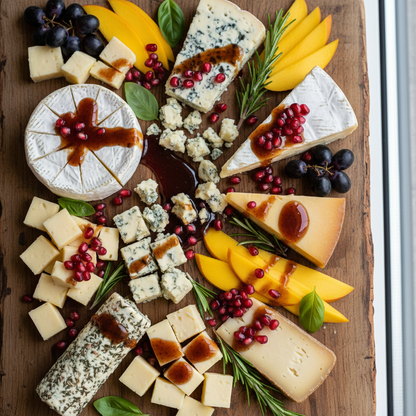 käseplatte betreufelt mit dunklem mango granatapfel essig