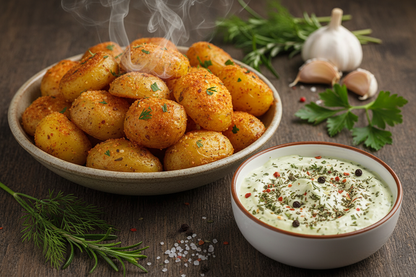 kartoffeln mit kräuterdip aus getrockneten Zwiebel, Paprika, Meersalz, Bärlauch, Petersilie, Pfeffer schwarz, Dillspitzen