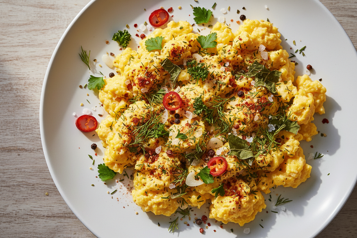 rührei mit trockenen gewürzen: Zwiebel, Meersalz, Paprika, Knoblauch, Petersilie, Pfeffer schwarz, Bärlauch, Dillspitzen