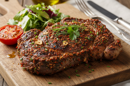 steack mit kräutermarinade aus tomatenflocken, paprikagranulat, schnittlauch, knoblauch, zwiebeln, petersilie