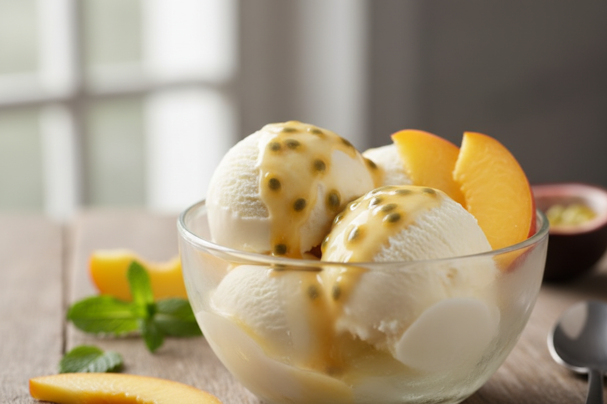 vanilleeis mit pfirsich maracuja soße hellgelb